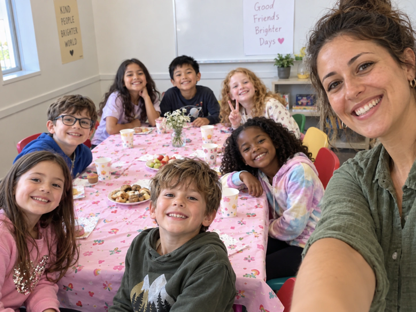 Une éducatrice et un groupe d’enfants réunis autour d’une table